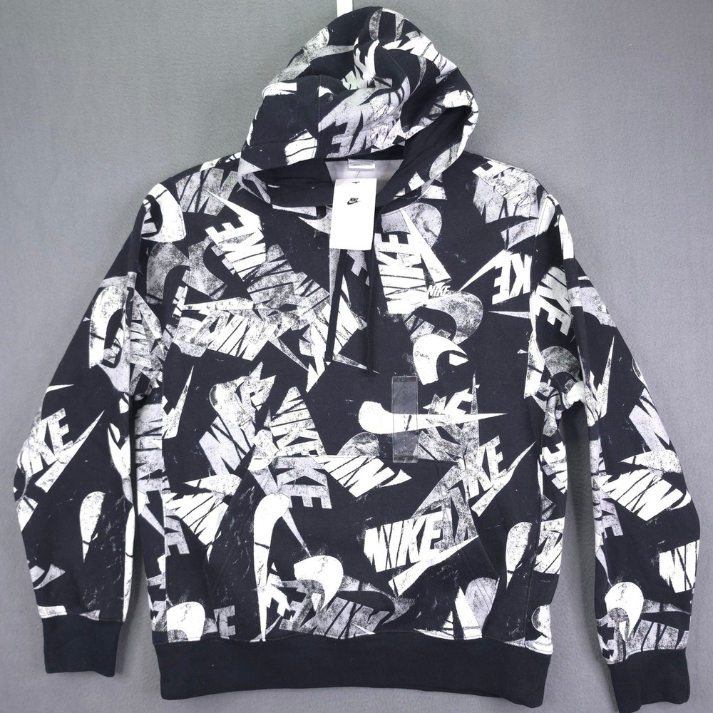 Nike Hoodie Sportswear Club Fleece Allover Print Black White Mens Large Pullover